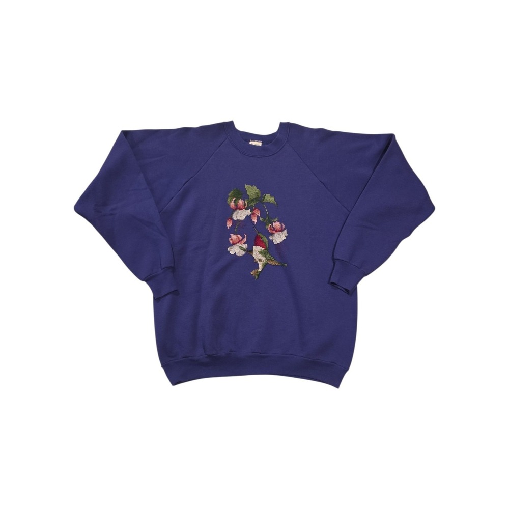 Vintage 90s Hummingbird Sweatshirt XL Purple Cross Stitch Floral Fruit of Loom